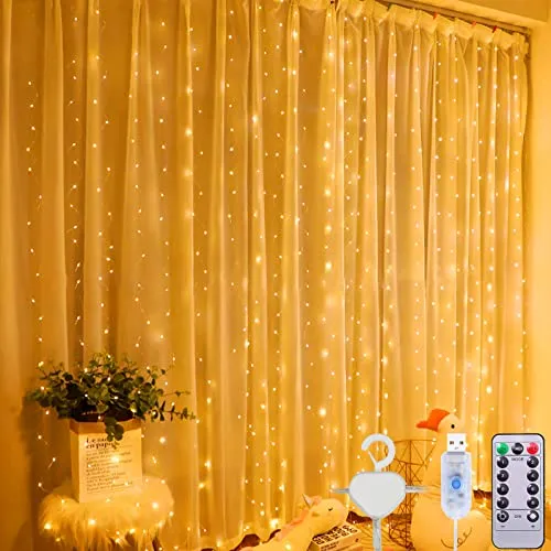 Amzeeniu Lichtervorhang 3m X 3m,300 LEDs USB LED Lichterkettenvorhang | 8 Modi mit Fernbedienung,Timer IP44,String Light für Weihnachten Party,Innenbeleuchtung,Partydekoration
