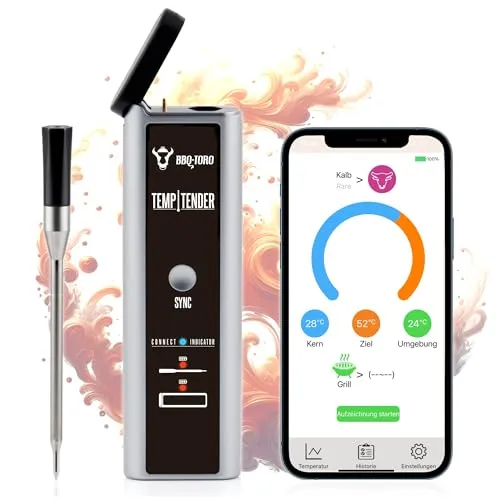 BBQ-Toro TempTender Grillthermometer - kabellos mit App, präzise Temperaturüberwachung bis 300°C für perfektes Grillergebnis