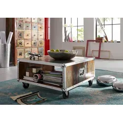 Massivmoebel24 Couchtisch Altholz 80x80x42 – INDUSTRIAL #101 - Industrieller Couchtisch aus 60% wiederverwertetem Altholz, kombiniert mit massiven Mango- oder Akazienholz. Mit funktionierenden Rollen und robustem Eisenprofil für einen einzigartigen Vintage-Look.