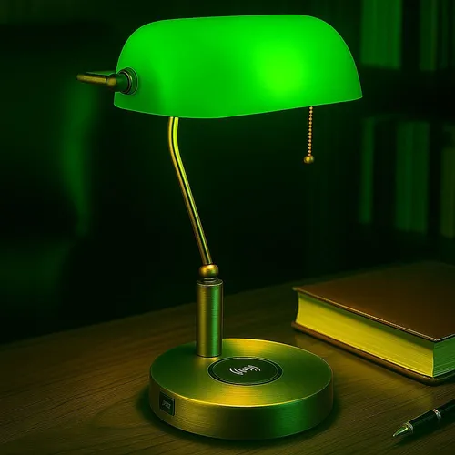 Schreibtischleuchte Bankerlampe - Altmessing & Grünes Glas mit USB-Ladefunktion - Tischleuchte im eleganten Design aus altmessing und grünem Glas, ausgestattet mit kabellosem Laden und Fernbedienung für stimmungsvolle RGB-Beleuchtung.