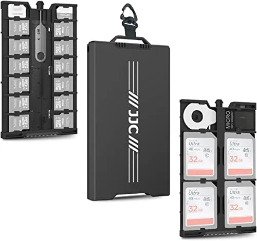 JJC Pop-up Metal Speicherkarten Etui Tasche Aufbewahrung Ultra Silm für 12 Micro SD TF MSD + 4 SD + 2 Nano SIM Card - mit Karabiner Flachkopf Werkzeug Micro SIM Adapter Card Remove Tool & Mini Lineal