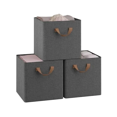 WOLTU Faltbare Aufbewahrungsboxen 3 Stück, Stoffboxen mit Griffen und Metallrahmen, Aufbewahrungswürfel für Wohnzimmer, Schlafzimmer, Arbeitszimmer, Mehrzweck, Grau, 29,5x29,5x28,5cm
