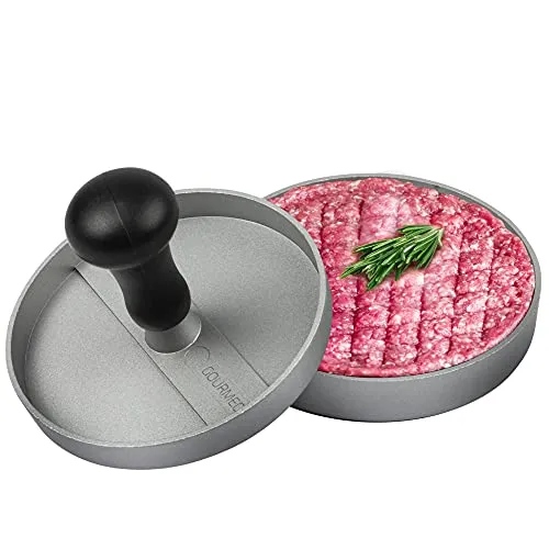 GOURMEO Burgerpresse aus Aluguss mit Antihaftbeschichtung + 50 Blatt Antihaftpapier - Hamburgerpresse, Hamburger-Presse, Burger Maker