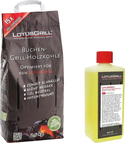 LotusGrill Buchenholzkohle 2,5 kg Sack mit Brennpaste 500 ml - Grillzubehör für rauchfreies Grillen, inklusive schneller zündender Buchenholzkohle und geruchsneutraler Brennpaste, ideal für unbeschwertes Grillvergnügen!