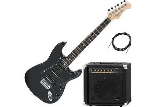 Rocktile E-Gitarre Pro ST60BK E-Gitarre All Black AK20GR Set - In edler Black Finish Line, ST-Style, Spar-Set, inkl. Gitarrenverstärker, Vintage String Thru Tremolo