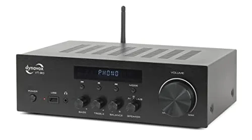 Dynavox VT-90 Stereo Kompakt-Verstärker - Hifi-Verstärker mit 180 Watt Leistung, integrierter Bluetooth 5.0 für kabelloses Streaming und Phono-Eingang für Plattenspieler – ideal für audiophile Musikliebhaber.