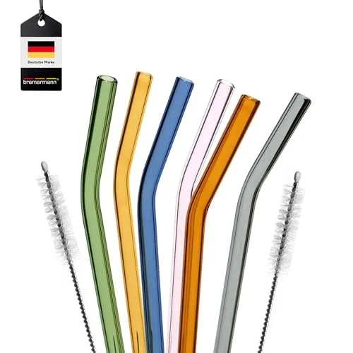 bremermann 6er Set Glas-Trinkhalme, Cocktail-Set, Verschiedene Längen, wiederverwendbar, transparent oder bunt, Gebogene Form, inklusive 2 Reinigungsbürsten (bunt, 25 cm)
