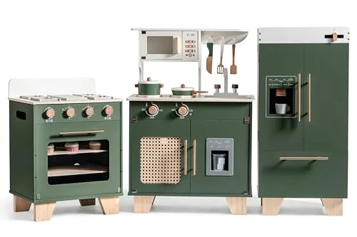 ROBUD Spielküche Holz 3-teiliges Set, Kinderküche & Spielkühlschrank & Spielzeugofen mit Zubehör und Küchenutensilien, Realistisches Spielküche Set für Mädchen Jungen ab 3 Jahren, Vintage-Grün