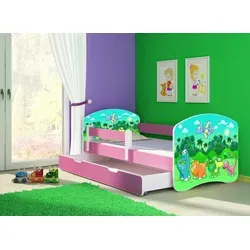 ACMA Jugendbett Kinderbett Junior-Bett Komplett-Set mit Matratze Lattenrost und Rausfallschutz Rosa 30 Dino 160x80 + Bettkasten - Rosa