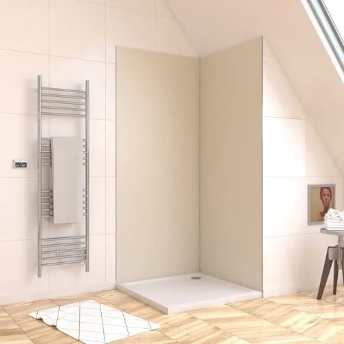 Marwell Urbanox Wandpaneel - fugenlose Aluverbundplatte als Duschrückwand & Küchenrückwand (Ivory, 90 x 210 cm inkl. Profil schwarz)