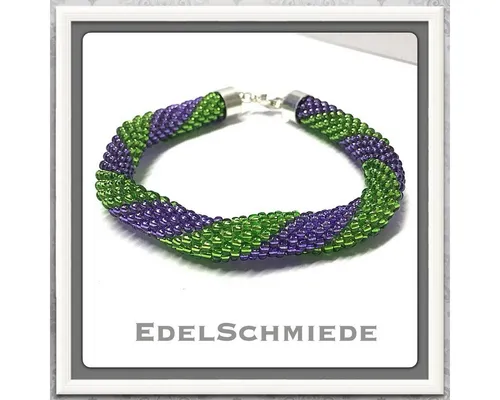 Edelschmiede925 Häkelarmband aus Glasperlen grün-lila 925 Silber