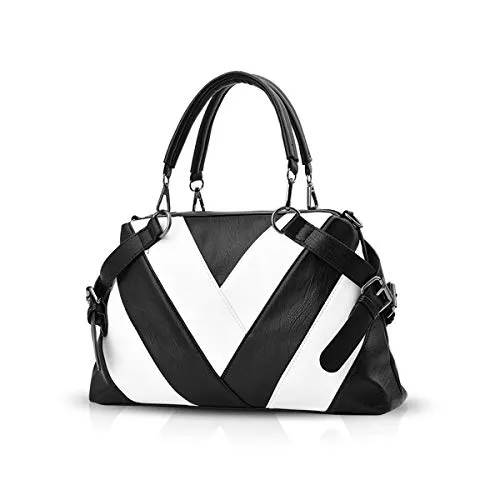 NICOLE & DORIS Handtaschen für Damen Modern Henkeltasche Schultertasche Weiche PU Leder Umhängetasche Elegant Handtasche mit Gestreifte Schwarz und weiß