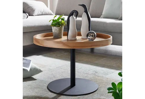 FineBuy Couchtisch - Rund, 61x61x40 cm, Eiche & Metall, Modern - Beistelltisch fürs Wohnzimmer mit runder Ablagefläche, die Getränke und Snacks sicher hält. Eichenfurnier macht ihn zum Hingucker. Ideal für entspannte Abende!