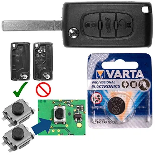 Repair Reparatur Satz Autoschlüssel Funk Fernbedienung Austausch Gehäuse kompatibel mit 3 Tasten + VA2 Rohling + Batterie für Peugeot 407