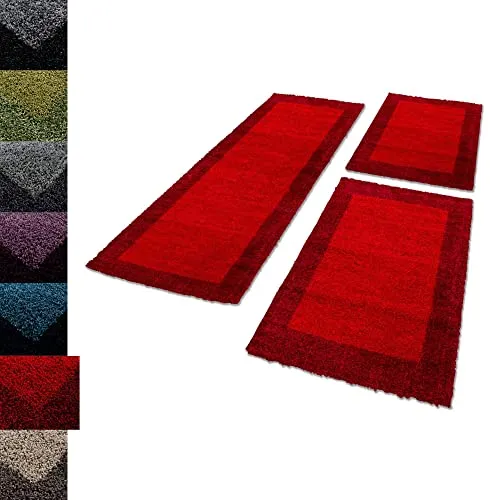 Carpettex Bettumrandung Schlafzimmer 3teilig Shaggy Teppich Hochflor Bordüre Muster Rot Bettset:2 mal 60x110 + 1 mal 80x150 - Bettvorleger Schlafzimmer Läuferset Weicher Langflor Bettumrandung Teppich