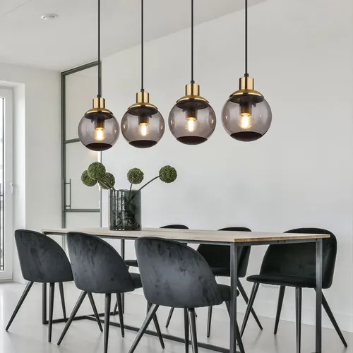 Moderne Hängelampe aus Rauchglas - 4-flammige Pendelleuchte mit E27 Fassungen - Elegante Pendelleuchte in modernem Design, ideal für stilvolle Wohnräume. Mit vier E27 Fassungen für individuelle Lichtgestaltung und einem einzigartigen Mix aus schwarz und messing.