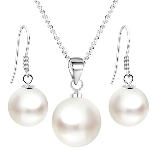 Löb Damen Schmuckset 925 Silber mit runden Perlen Halskette Anhänger Weiß Kette Perlenohrringe Hängend Tropfen Set Brautschmuck | Geschenke für Frauen Freundin Mama Mutter
