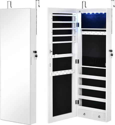 GOPLUS LED Spiegelschrank, Abschließbarer Hängeschrank mit Schlüssel, Schmuckschrank mit 5 Reihen Regale, Aufhängestange, 24 Haken, 2 Schubladen