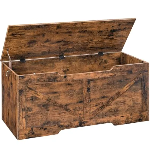 HOOBRO Truhen, Sitzbank mit Stauraum, Spielzeugkiste mit Deckel, Truhenbank, aufbewahrungsbox, 2 Ringen, 110cm, Robust, Stabil, für Kinder, Flur, Wohnzimmer, Dunkelbraun EBF772CW01G1