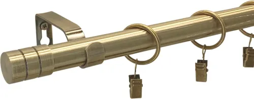 LOFT 240 cm Einzelne Gardinenstange 19 mm aus Metall mit Endstück FREZ Komplettset mit Ringen und Clips Inklusive Montagezubehörset Farbe Antikgold