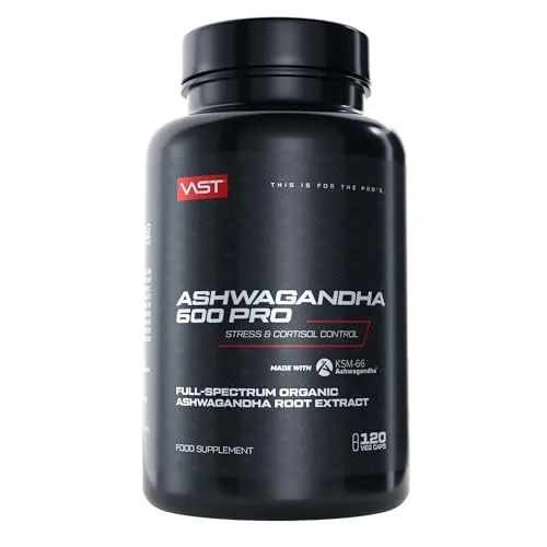 Produktbild VAST Ashwagandha 600 PRO – Premium KSM-66 Ashwagandha Wurzextrakt – Hochdosiert 600mg pro Portion – 2 Monatsration mit 120 vegane Kapseln – mit Magnesium und Vitamin B6 – Höchste Bioverfügbarkeit