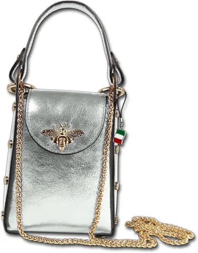 FLORENCE Umhängetasche Biene Damen - Elegante Leder-Tasche in Silber Metallic - Stilvolle Umhängetasche aus echtem Kalbsleder mit goldfarbener Biene als Verschluss. Ideal für den täglichen Einsatz, kompakt und praktisch mit abnehmbarer Kette.