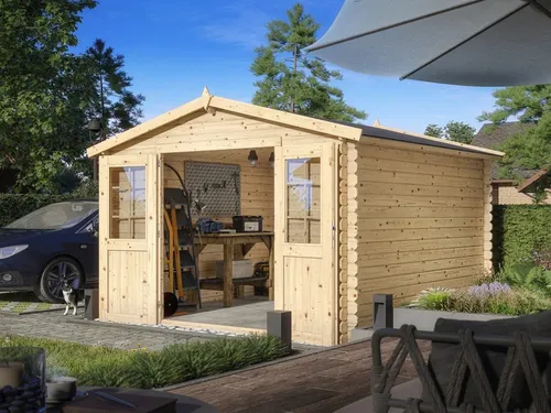 Gartenhaus Gerätehaus Schuppen Blockbohlenhaus WOODTEX naturbelassen Satteldach - Kompaktes Blockbohlenhaus mit Doppeltür, ideal für die Aufbewahrung von Gartenutensilien. Hergestellt aus robustem Fichtenholz, bietet es eine natürliche Optik und hohen Stauraum auf 8,18 m².