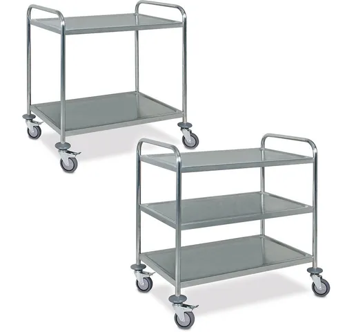 BRB Servierwagen Set aus Edelstahl - 2 und 3 Böden - Servierwagen Set aus rostfreiem Edelstahl: 1x 2 Etagen und 1x 3 Etagen, ideal für den sicheren Transport von Geschirr und Speisen, ausgestattet mit Antidröhnbelag für ruhiges Fahren.