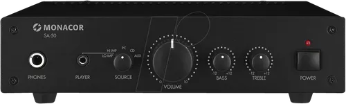 Monacor SA-50 Stereo-Verstärker 2 x 25W - Kompakter Verstärker mit 2 x 25W, lüfterlosem Betrieb für geräuschlose Leistung und vielseitigen Anschlussmöglichkeiten, ideal für Musikliebhaber.