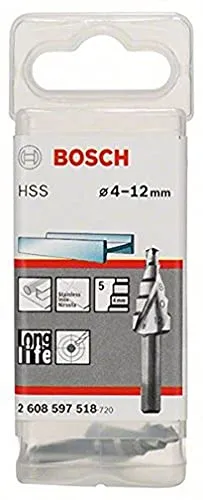 Bosch Accessories 2608597518 HSS Stufenbohrer 4 - 12mm - Stufenbohrer für präzises Bohren und Vergrößern von Löchern, ideal für Metall und Kunststoff. Mit Kreuzanschliff für einfaches Anbohren und langlebigem HSS-Stahl.