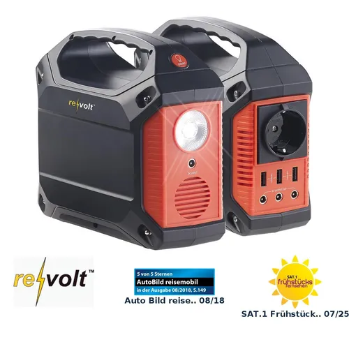 revolt Solar Konverter: 155 Wh Powerstation & Solar-Generator - Externe Handyakkus für mobile Stromversorgung • 7 Anschlussmöglichkeiten inkl. 230 V, 12 V, USB • Ideal für Camping und Outdoor-Aktivitäten mit integriertem 155 Wh Akku und LED-Taschenlampe