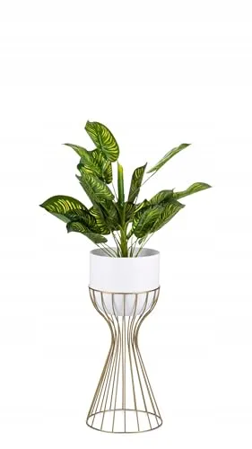 HowHomely Moderne Blumenständer Metall 46 cm Hoch mit Weiß Blumentopf Rund 18 cm Ø auf Robuste Gold Ständer - Pflanzenständer zur Dekoration Innenräumen