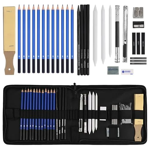 Professionelle Zeichensets ,33 teiliges Skizzier- und Zeichenstift-Set mit Skizzenbuch,Graphit, Kohle und Farbstifte | Profi-Kunstzubehör für Künstler, Anfänger, Erwachsene und Kinder mit und Kit Bag