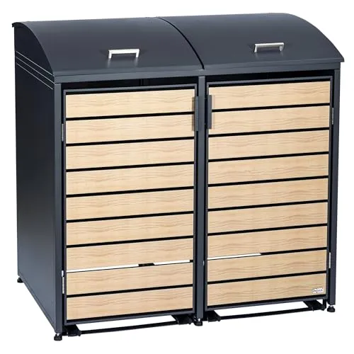 Zelsius Mülltonnenbox für 2 Mülltonnen | Anthrazit RAL7016 - Mülltonnenboxen mit elegantem Holzdesign, bietet Platz für 120-240 Liter Tonnen und schützt vor Witterung. Aus robustem Stahl mit praktischem Soft-Close-Deckel für einfache Nutzung.