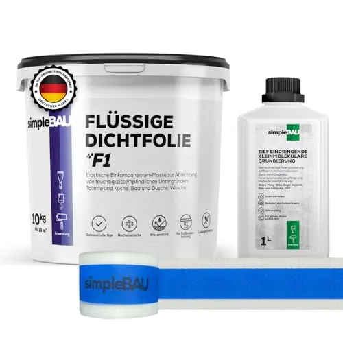 simpleBAU Flüssigfolie Dichtfolie F1 10 kg Set - Wasserabdichtungen – Komplettes Set mit Flüssigdichtfolie, Tiefgrund und Dichtband für zuverlässige Abdichtung in Bad, Dusche und Balkon. Schnelle Verarbeitung und emissionsarm für sicheres Arbeiten.
