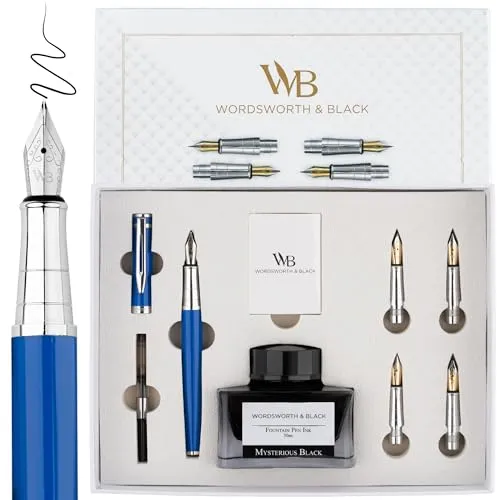 Wordsworth & Black Füllfederhalter-Geschenkset, beinhaltet Tintenflasche, 6 Tintenpatronen, Tintenauffüllkonverter, 4 Ersatzfedern, Premium-Paket, Journaling, Kalligraphie, [Blauer Chrom]