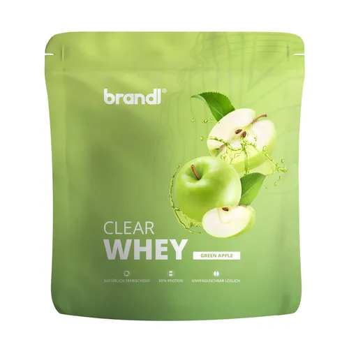 brandl Clear Whey Protein - Green Apple - Sportnahrung mit erfrischendem Geschmack, mindestens 80% hochwertiges Protein und ohne Süßstoffe. Ideal für gesundheitsbewusste Sportler, die eine leichte Proteinalternative suchen.