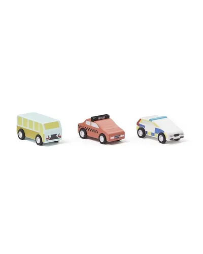 Kids Concept Rückziehautos Aiden - 3er Set Holzautos - Spielzeugautos Set mit Bus, Taxi und Polizeiauto, zieht man zurück und sie sausen los! Ideal für Kinder ab 3 Jahren, inklusive Spielgarage aus Karton.