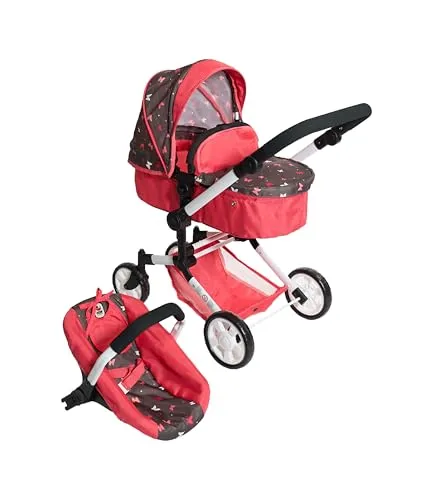 Bayer Chic 2000® 3in1 Kombi Puppenwagen Linus - Butterfly Koralle - Puppenwagen für Puppen bis 52 cm, 3-in-1 funktional als Babywanne, Sportsitz oder Autositz, höhenverstellbarer Griff für individuelles Spielen und platzsparend zusammenklappbar.