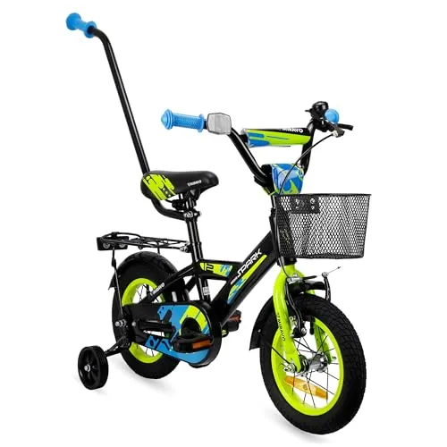 MIRAVO Spark Kinderfahrrad 12 Zoll Schwarz-Grün mit Korb