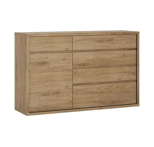 Lomadox Sideboard Schrank Kommode Eiche modern grifflos 136 cm - Modernes Sideboard in Shetland Eiche mit griffloser Optik. Bietet viel Stauraum durch 1 Drehtür und 5 Schubkästen. Perfekt für platzoptimierte Wohnräume.