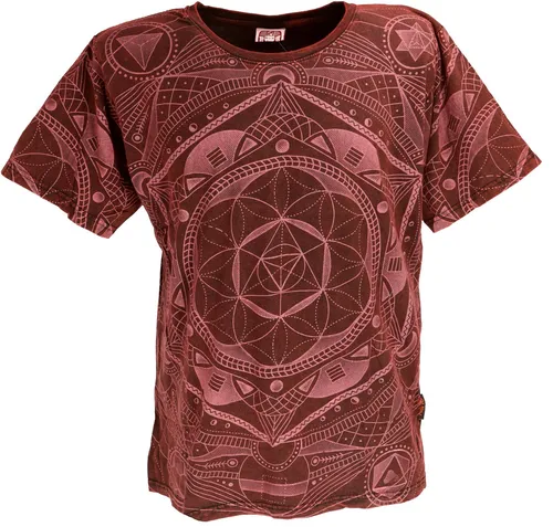 GURU SHOP Tibet & Buddhist Art T-Shirt, Flower of Life Mandala Stonewash T-Shirt - Weinrot, Herren, Baumwolle, Size:L