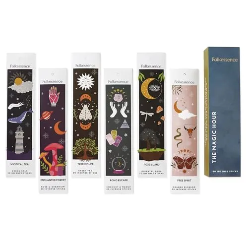 Folkulture Incense Sticks 6er-Set (120 Räucherstäbchen) für eine Positive Aura Kokosnuss-Mango, Orientalisches Aqua, Grüner Tee, Meersalz, Rosengeranie, Orangenblüte, Magische Stunde