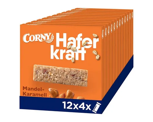 CORNY Haferkraft Mandel Karamell Riegel 140g 12er Pack - Leckere Corny Haferkraft Riegel mit 49% Vollkornhafer, knackigen Mandeln und süßem Karamell. Ideal für einen schnellen Snack unterwegs – praktisch verpackt und ohne Farbstoffe.
