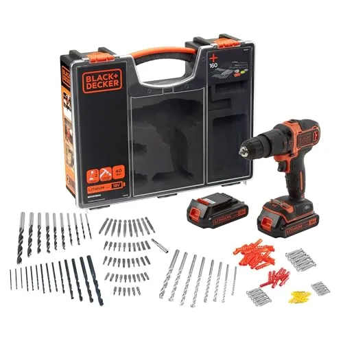 Black+Decker Akku-Schlagbohrschrauber 18V mit 160tlg. Zubehör - Bohrmaschine mit 2-Gang Getriebe und variablem Drehmoment für präzises Arbeiten in Holz, Metall und Stein. Ideal für Hobby-Handwerker und Profis!
