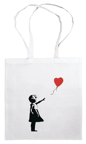 Umhängetasche Banksy Girl with Balloon: Stofftasche, Jutebeutel mit Streetart-Motiv. Aus 100% Baumwolle mit Langen Trägern