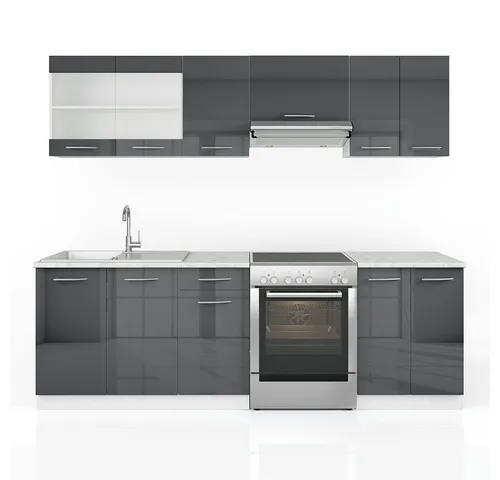 Vicco Küche Raul Küchenzeile 240 cm - Anthrazit Hochglanz - Küchenzeilen, 7-teilige Küchenzeile mit moderner Formgebung, kratzerresistente und pflegeleichte Oberfläche für eine stilvolle und funktionale Küche.