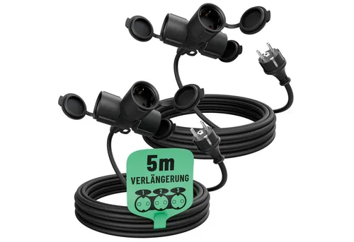 Greate 2X 3-fach Verlängerungskabel außen 5 Meter - Wasserdicht und robust - Verlängerungskabel für außen, IP44 wasserdicht und ideal für Gartenbeleuchtung, Camping und Baustellen. Flexibel bei niedrigen Temperaturen und stoßfest.