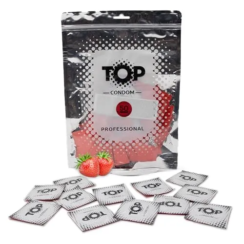 TOP Kondome 50 Stück Packung, Erdbeere, rot eingefärbt, natürlich und gefühlsecht, aus Latex, mit Reservoir, Durchmesser 53 mm, für Männer