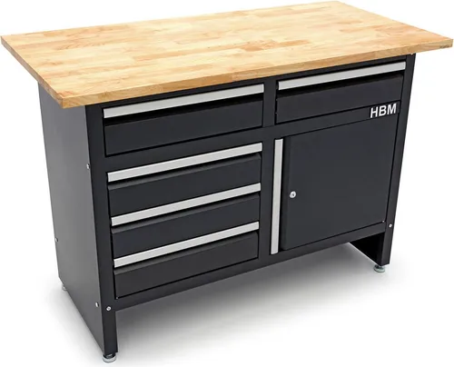 Produktbild HBM 120 cm Werkbank mit 5 Schubladen und Massivholzarbeitsplatte